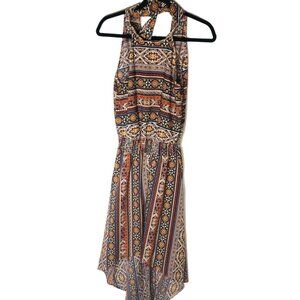 Sucnefas high low dress graphic tie around neck brown v-back sleeve size 8 armpi